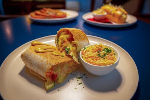 Wrap s kuřecím masem  & coleslaw, tortilla plněná kuřecím masem (110 g), dipem z pečeného česneku, čedarem a čerstvou zeleninou, salát coleslaw